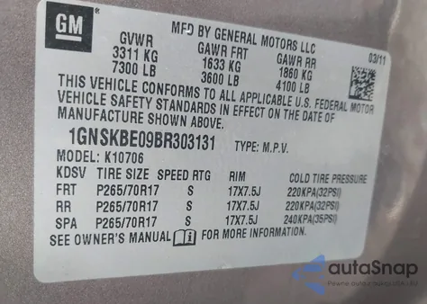 2011 Chevrolet Tahoe Lt z USA, uszkodzony, nr VIN 1GNSKBE09BR303131